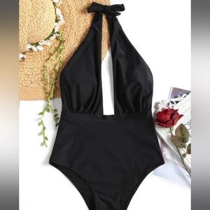 Zaful Low Cut High Waisted One Piece Swimsuit - Black M